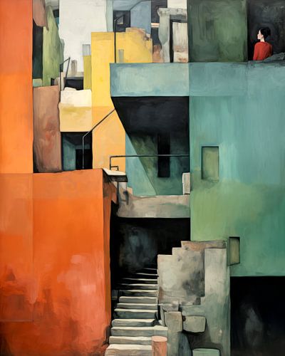 Bunte Stadt mit Gassen und Treppen