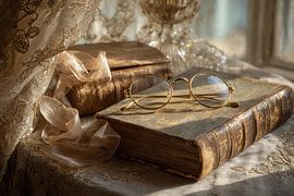 Old Booksin Golden Light - Elegant Vintage Painting by Joriali Fine Art