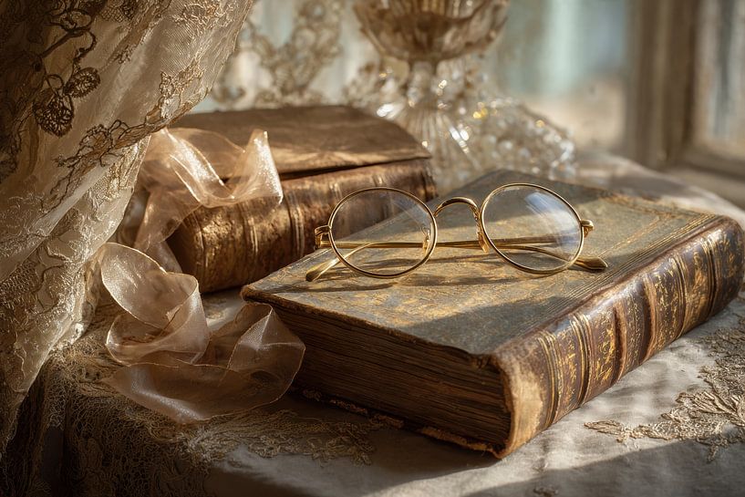 Oude Boekenin Gouden Licht - Elegant Vintage Schilderij van Joriali Fine Art