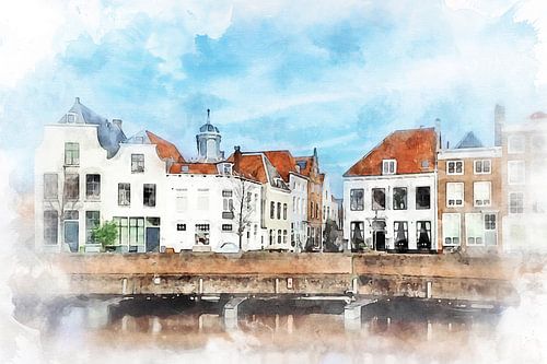 Aquarelschilderij van de Rotterdamsekaai in Middelburg, Zeeland