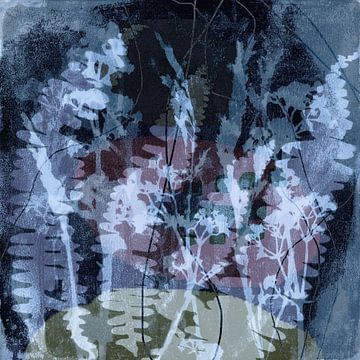 Abstract Retro Botanisch. Bloemen en bladeren in blauw, lila, bruin van Dina Dankers