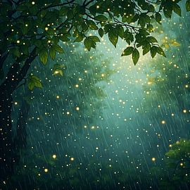 La pluie dans la forêt enchantée avec des lucioles sur Artistic