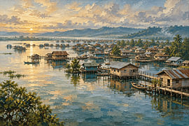 Stille auf dem See – Ein schwimmendes Dorf in Ostkalimantan, Indonesien von Vínculae