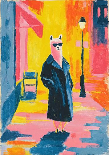 Pink llama in blue jacket