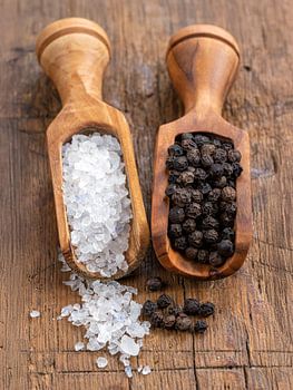 Rustic spice scoops with salt and pepper Still life
