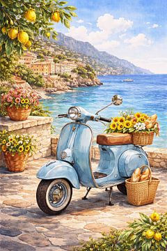 Vintage blauwe scooter bij het mediterrane dorp