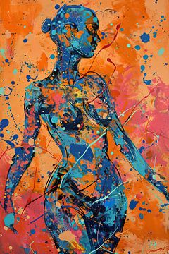 Orange Blue Dance | Abstract Figure Art sur Blikvanger Schilderijen