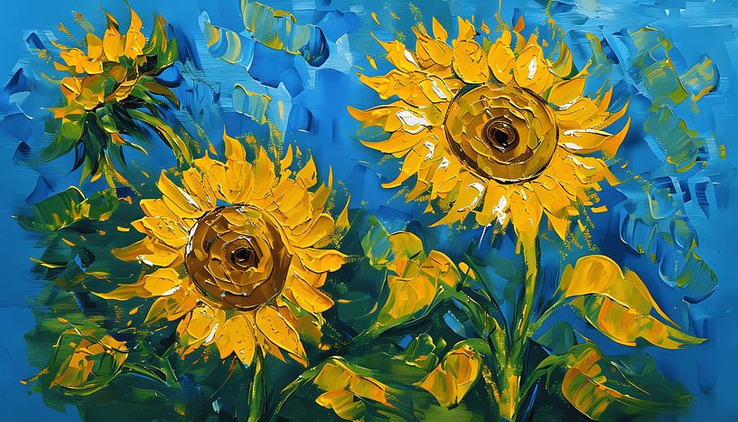 Levendige Zonnebloem Symfonie in Blauw van Abdelaziz Elachaary