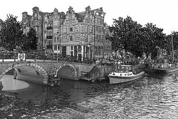 Pendrawing Brouwersgracht Prinsengracht Jordaan Amsterdam Pays-Bas Dessin en or Dessin au trait Noir