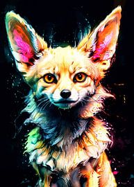 Fennec Fox Neon Waterverf Kunstwerk – Exotische Woestijndier Wandposter