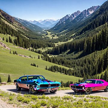 Amerikaanse muscle cars in een berglandschap van insideportugal