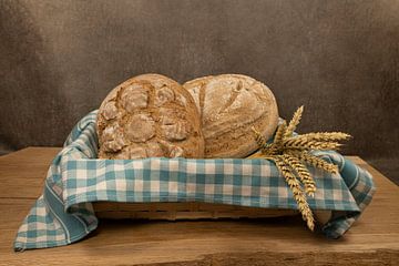 two freshly baked loaves of bread in a wicker basket with a blue and white checkered bread cloth by ChrisWillemsen