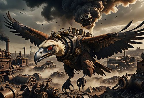 Vultures in flight over an apocalyptic steampunk city
