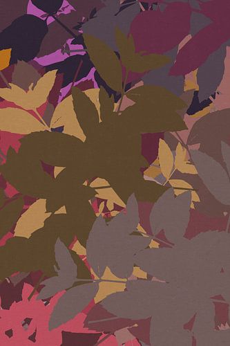 Kleurrijke abstracte botanische kunst. Bladeren in violet, roze, taupe, geel, groen.