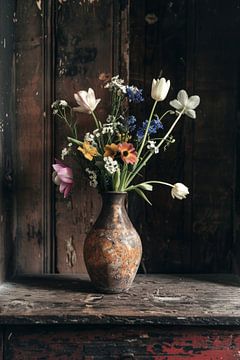 Still life traditional japan vase with coloured flowers