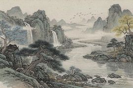 Paysage japonais avec des oiseaux sauvages