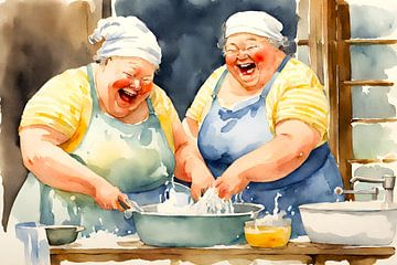 2 sociable ladies have a lot of fun while doing the dishes by De gezellige Dames