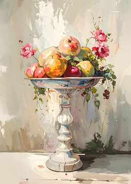 Romantisch stilleven: Fruitschaal met bloemen van Studio Pieternel