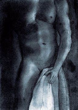 Naakte man met handdoek pastel middernacht blauw van Krista Kitsz Art