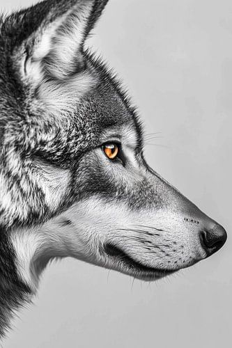 Regard intense d'un loup en noir et blanc avec accent orange