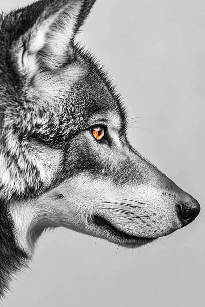 Intensives Aussehen eines Wolfes in Schwarz und Weiß mit orangefarbenem Akzent von Color Square