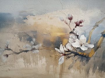 Mixed media schilderij van een tak met Appelbloesem van Studio Pieternel