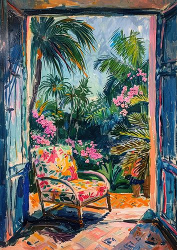 Kleurrijke fauteuil met uitzicht op tropische tuin