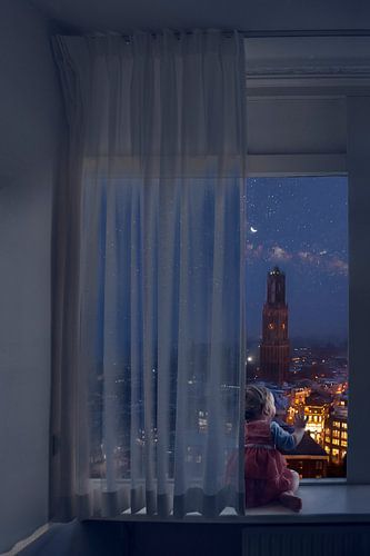 Magische Beeldmanipulatie van Utrecht bij Nacht: Betoverende Kinderkamer Decoratie