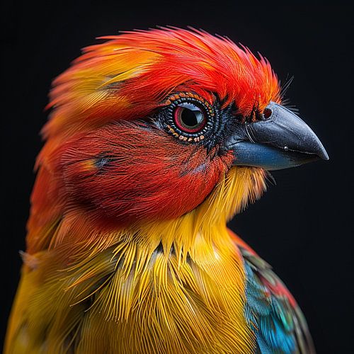 Farbenfrohes Vogelporträt mit leuchtendem Gefieder