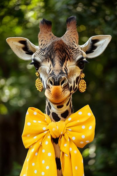 Giraffe met gele strik en oorsieraden van Poster Art Shop