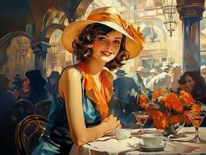 Jonge vrouw in een café in de stijl van de jaren 1920 van Animaflora PicsStock