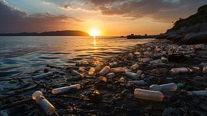Szene mit Plastikmüll am Meer