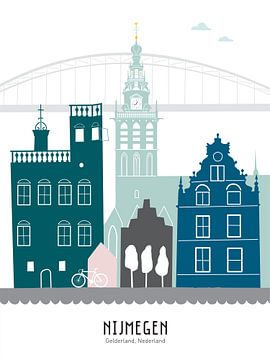 Illustration de la ligne d'horizon de la ville de Nijmegen en couleur sur Mevrouw Emmer