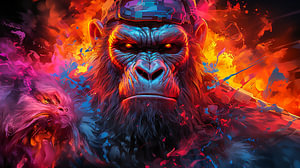 Porträt eines Gorillas mit einem bunten Spritzer im Feuer