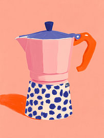 Pink Moka Pot with Blue Dots – Modern Coffee Art by StudioRemier
