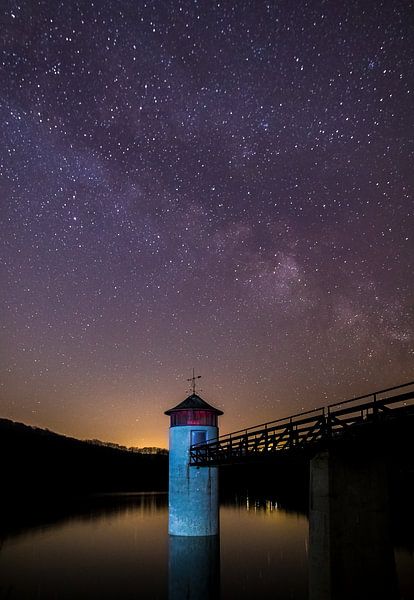 Starry sky with Milky Way over the Urft Dam in the Eifel by Maurice Haak