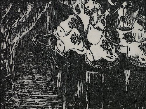 Tea service in interior, woodcut