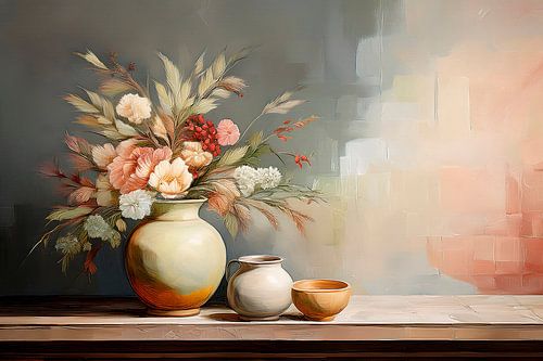 Rustig Japandi Stilleven. Bloemen op aardewerk vaas