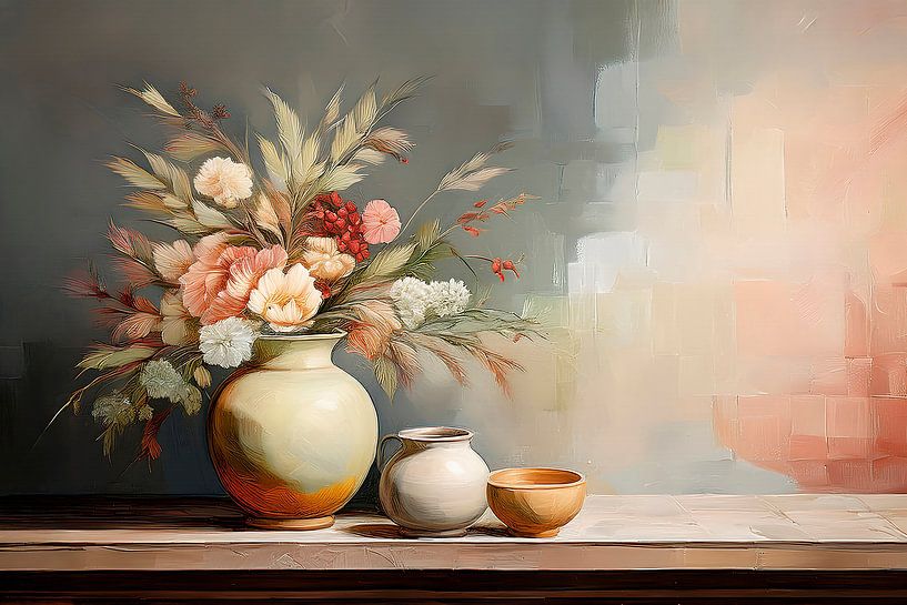 Atmospheric Still Life Painting: Flowers on pottery vase by Studio Pieternel