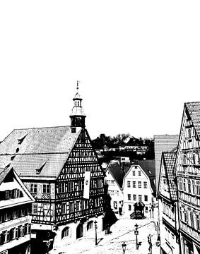 het marktplein met het stadhuis in Backnang zwart-wit van Werner Lehmann