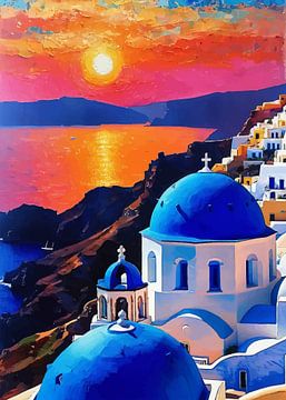 Blauwe Koepel van Kerk Santorini Zonsondergang van MIROKKU