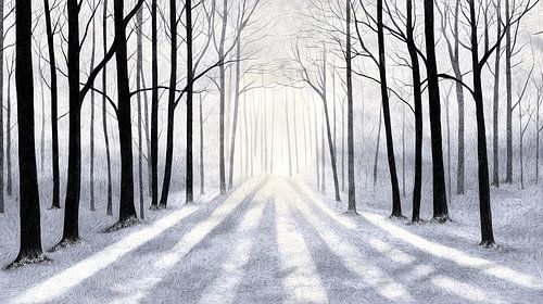 Zonlicht in het besneeuwde bos