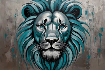 Turquoise and Silver Abstract Lion by De Muurdecoratie