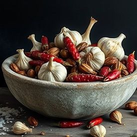 A still life of spices in old bowl. by J.a Dijkstra