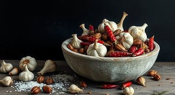 A still life of spices in old bowl. by J.a Dijkstra