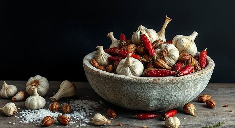 Nature morte d'épices dans un vieux bol. par J.a Dijkstra