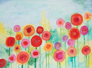 Aquarell von farbenfrohen Sommerblumen in einem Garten