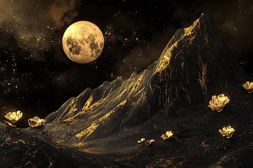 Lune dorée et fleurs surréalistes