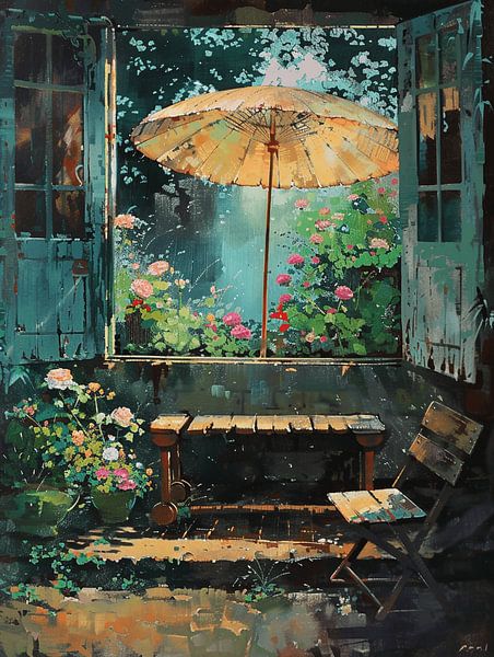 Window seating area summer parasol roses table chair by gm_designs