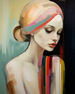 Kleurrijk portret van een jonge vrouw in pastelkleuren van Carla Van Iersel